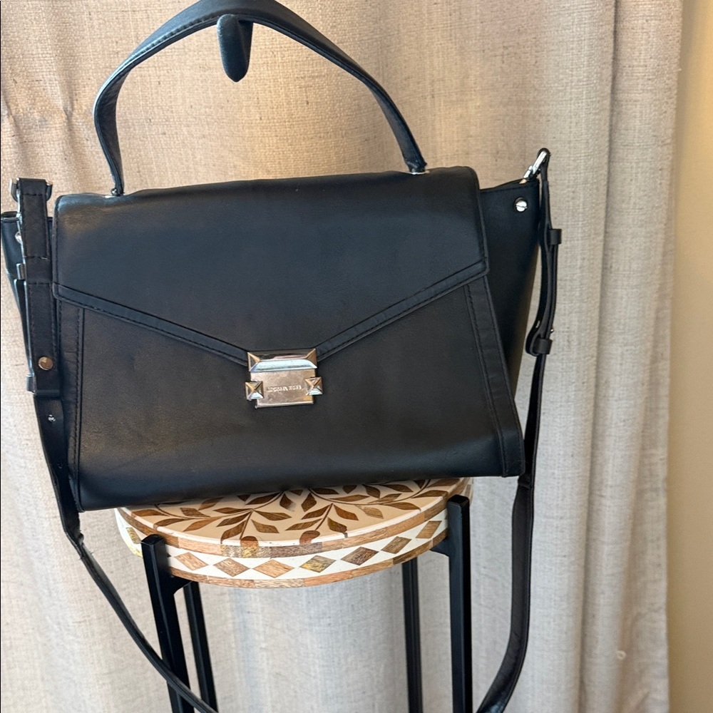 Michael Kors Black Leather Satchel with Silver-Tone Hardware